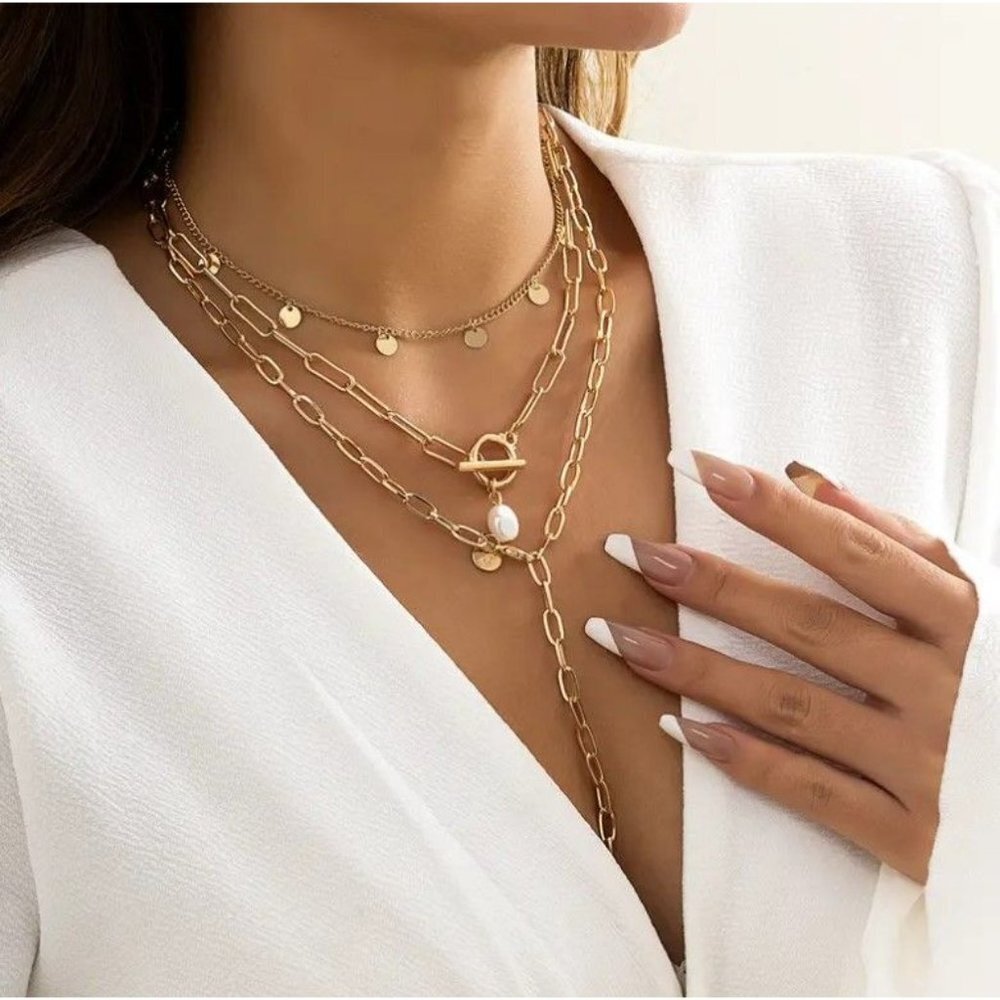 3 pcs Women's Fashion Pearl Sequin Tassel Pendant Y Necklace Set